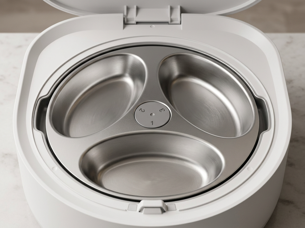 Three compartment stainless steel meal tray inside a smart cooling pet feeder