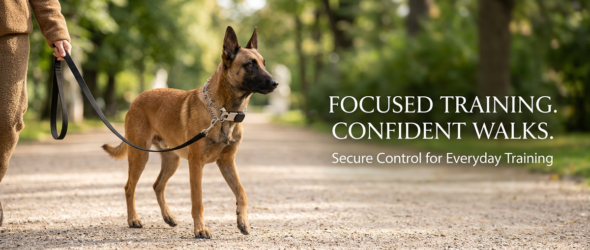 Dog wearing stainless steel prong training collar while walking beside owner outdoors