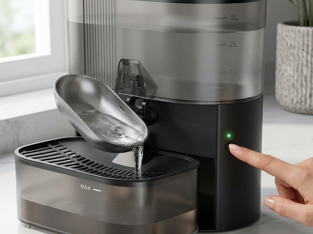 Control button being pressed to start a wireless cat water fountain