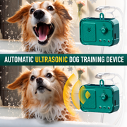 An automatic ultrasonic dog training device shown alongside two dogs in a bathtub, with text reading 'AUTOMATIC ULTRASONIC DOG TRAINING DEVICE' across the center.

