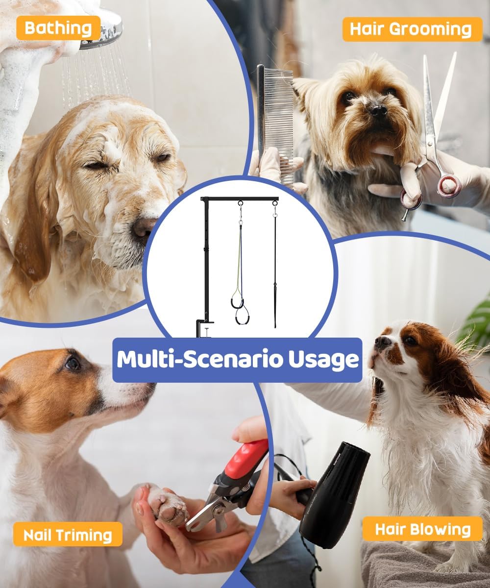 Dog grooming arm with clamp for compatible grooming tables