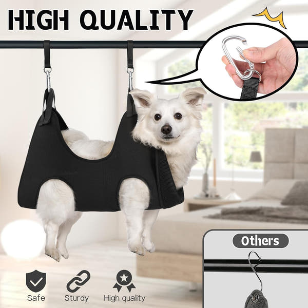 Dog grooming hammock designed to provide convenient paw access for nail trimming