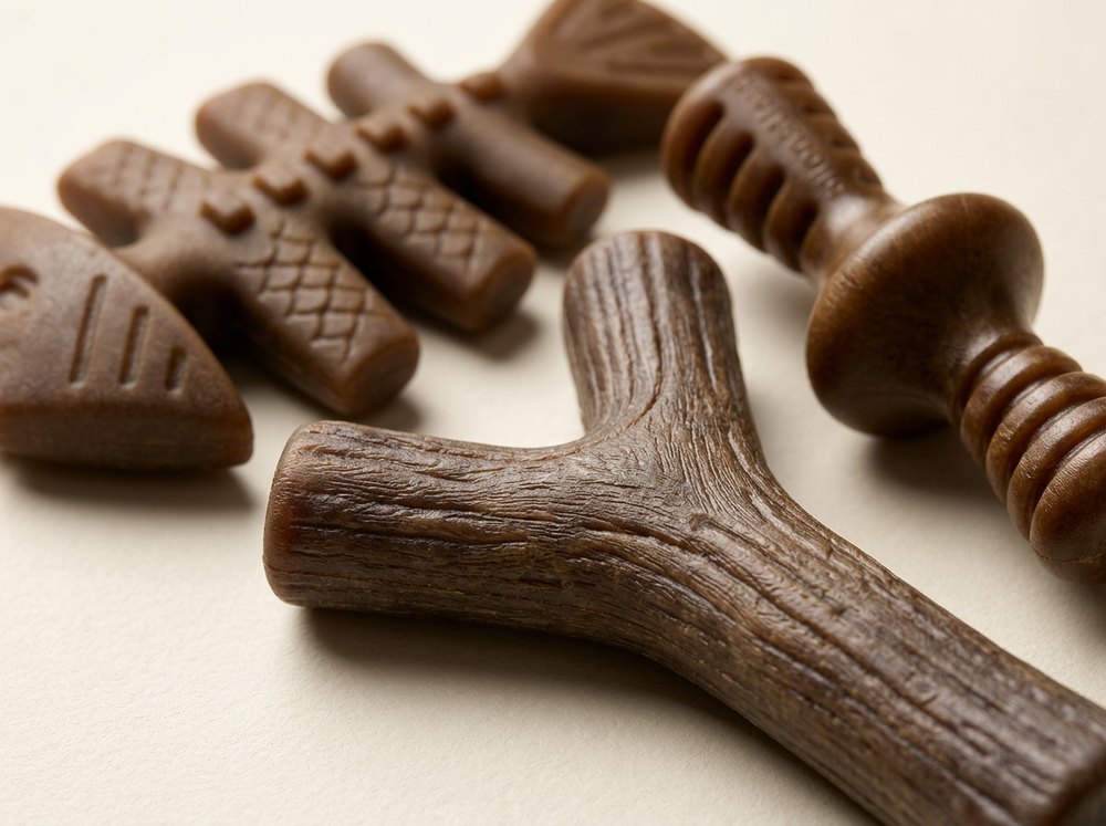Close-up of brown dog chew toys showing molded grooves, ridges and wood-grain-inspired surface textures