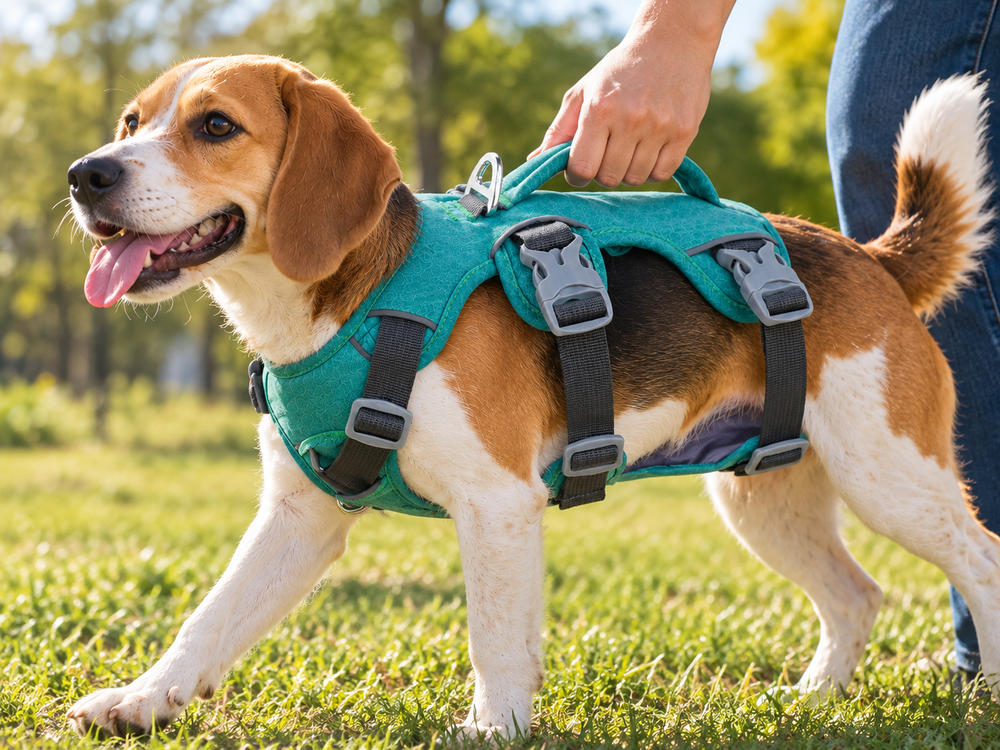 Padded top control handle on a reflective harness worn by a medium sized dog