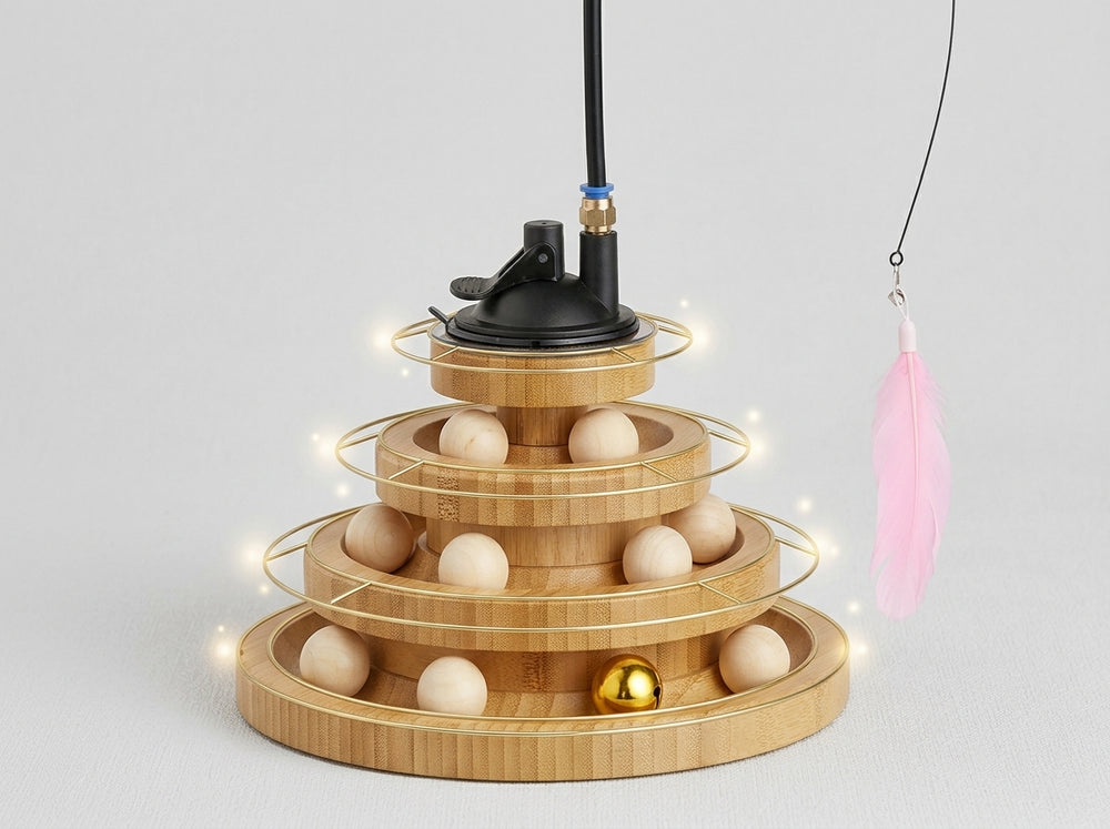 Three-tier wooden interactive cat activity toy.