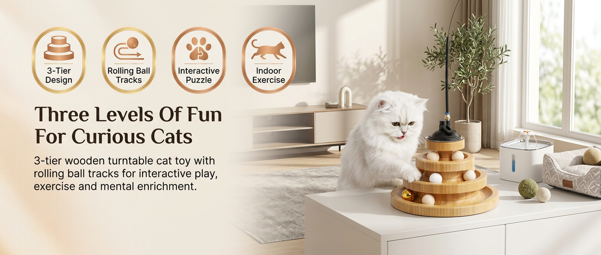3-tier wooden turntable cat toy with rolling ball tracks for indoor cats.