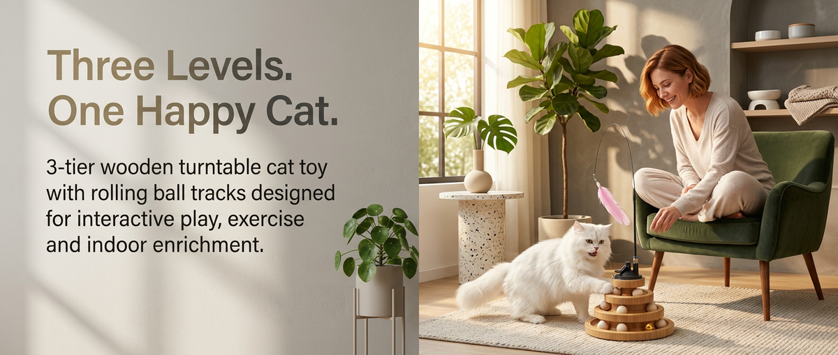 Cat playing with 3-tier wooden turntable rolling ball toy at home.