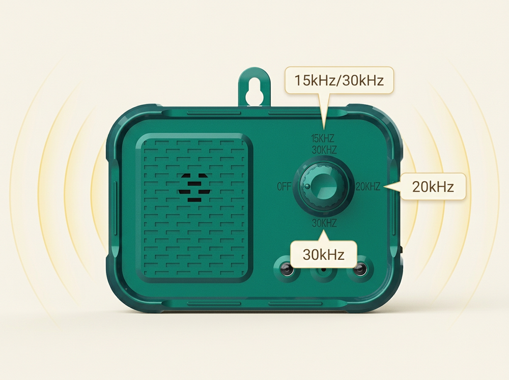 Ultrasonic dog bark deterrent with three selectable frequency settings.