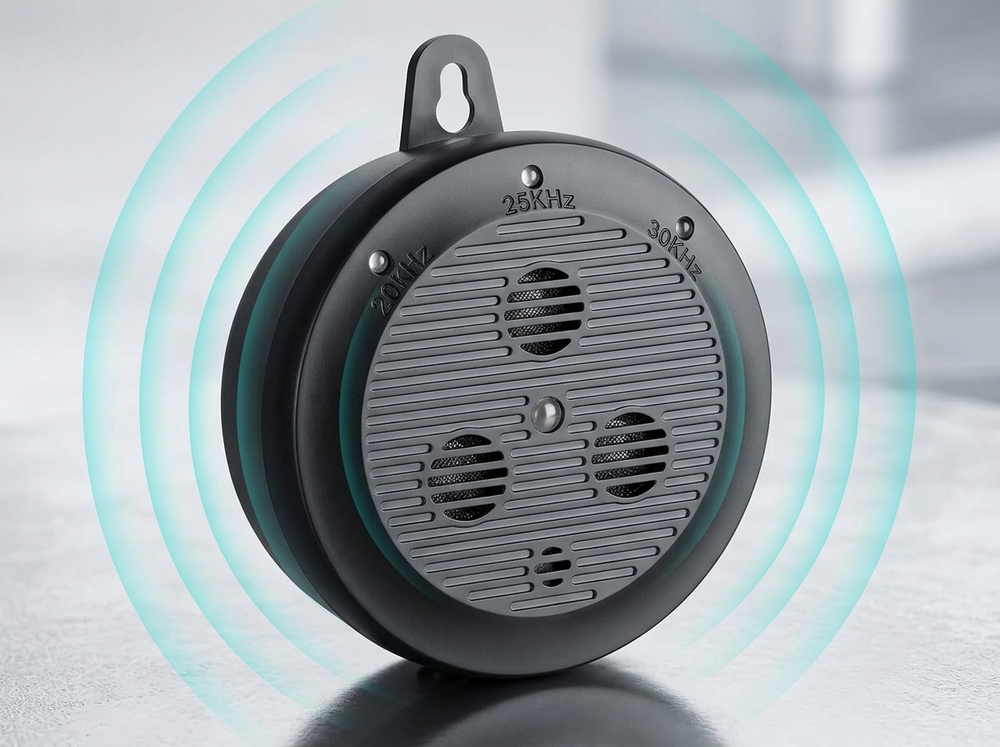 Ultrasonic dog bark deterrent featuring 20kHz, 25kHz and 30kHz frequency settings.
