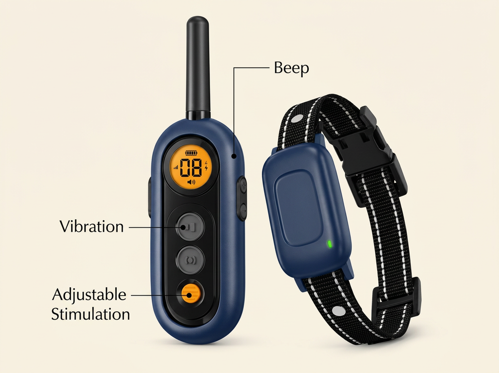 
Navy blue remote dog training collar featuring beep, vibration and adjustable stimulation.