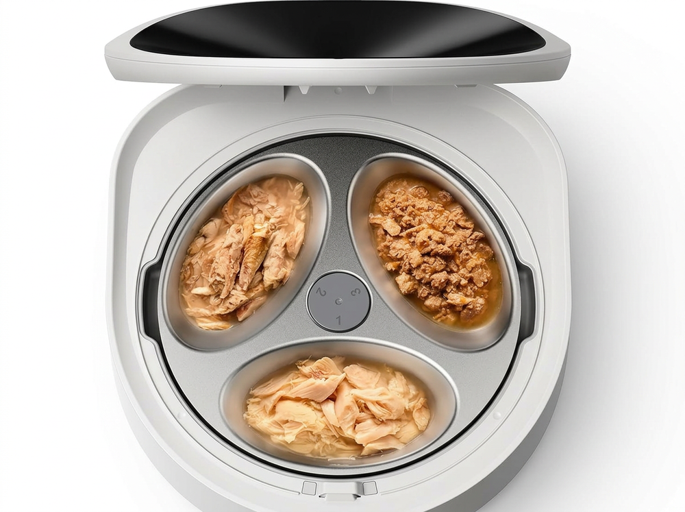 Three separate wet food portions prepared inside a smart automatic pet feeder