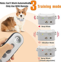 Dog bark collar with three training modes including beep vibration and spray