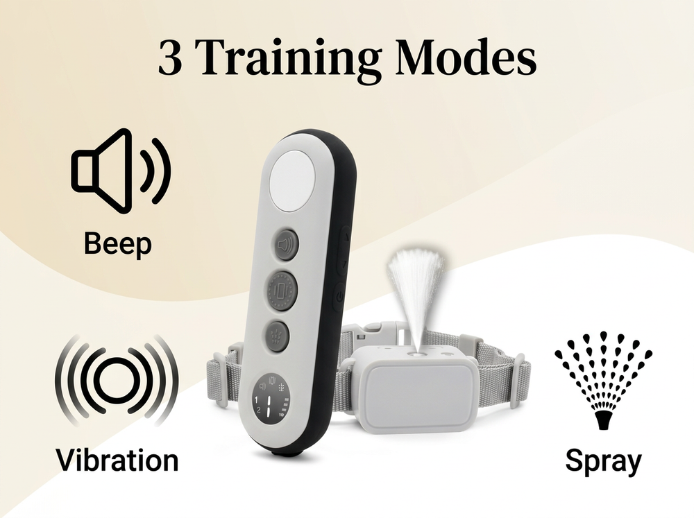 Rechargeable dog training collar featuring beep, vibration and spray training modes.