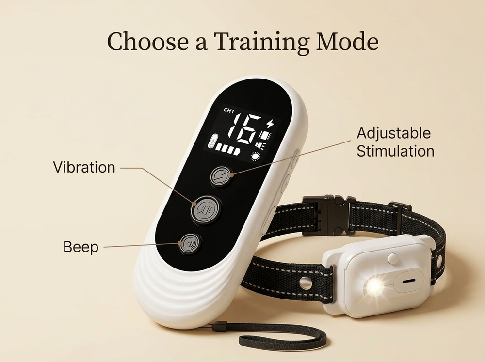 
Remote dog training collar with beep, vibration and adjustable stimulation modes.