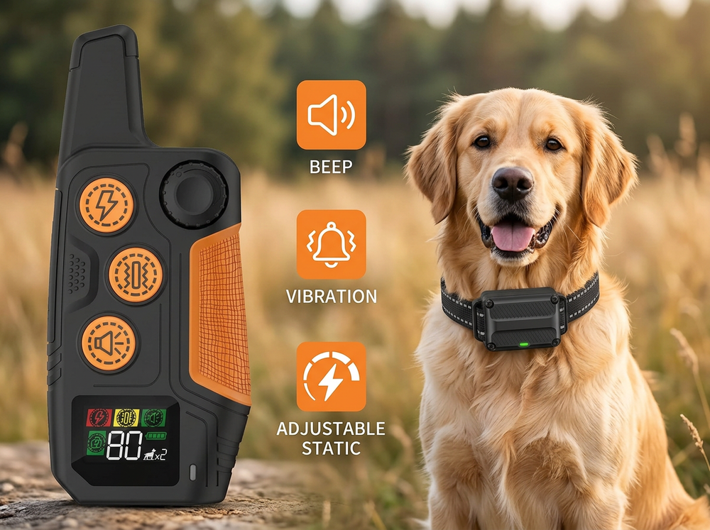 Remote dog training collar with beep, vibration and adjustable static training modes.