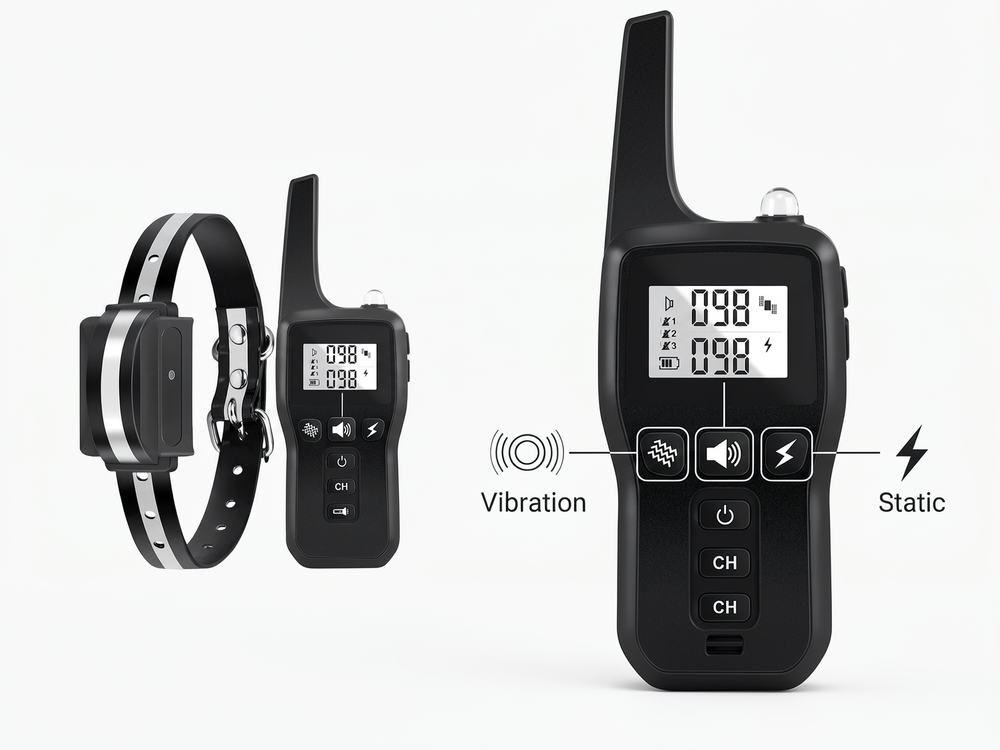 Rechargeable remote dog training collar with sound, vibration and static training functions.