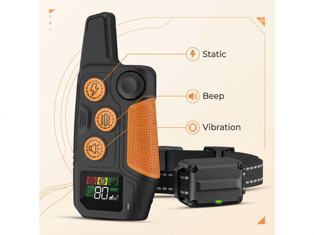 Dog training remote featuring beep, vibration and adjustable static training modes.