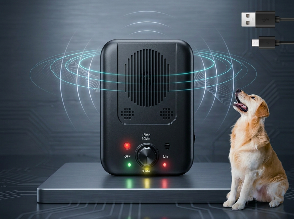 
 Rechargeable ultrasonic dog bark deterrent with three training modes.