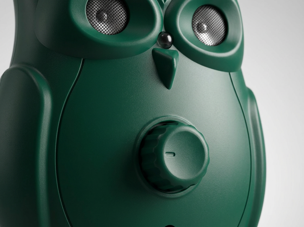 Front rotary mode selector on green owl-shaped ultrasonic dog barking control device
