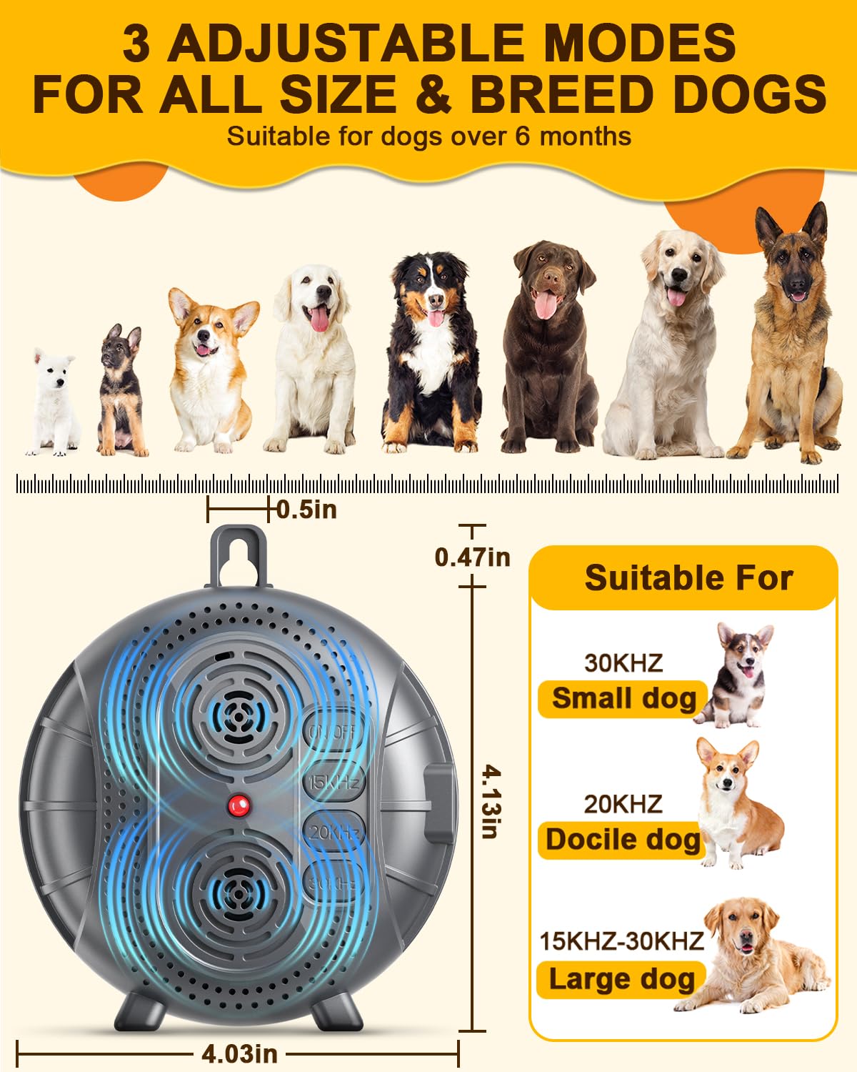 Ultrasonic dog bark deterrent box featuring three selectable operating modes