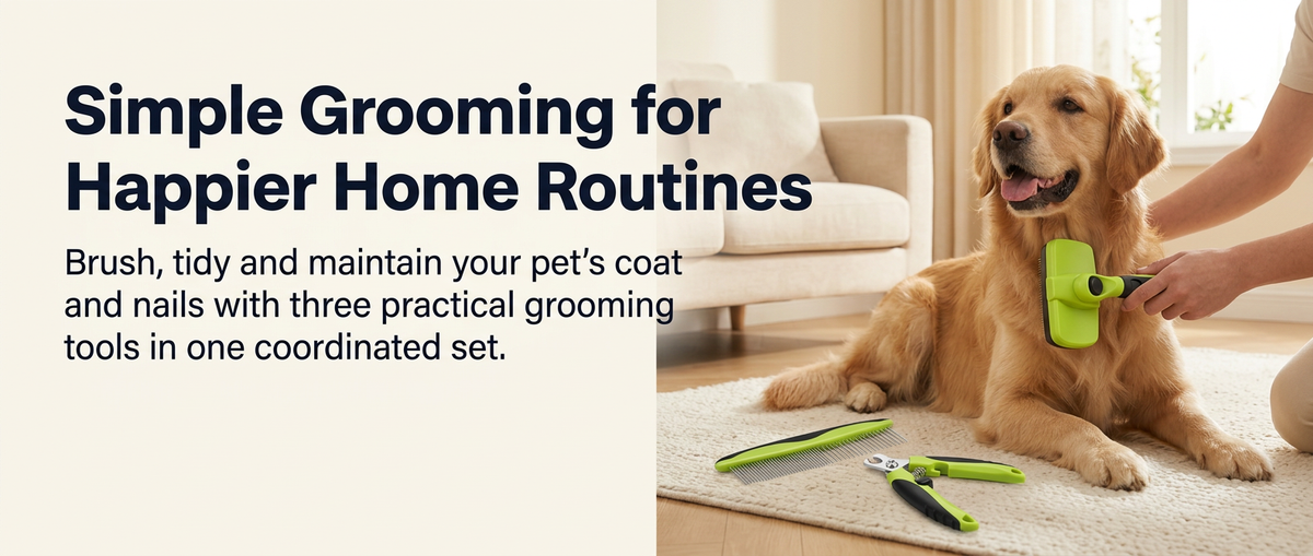 Happy dog being brushed at home with a three-piece lime green grooming set including brush, comb and nail clipper
