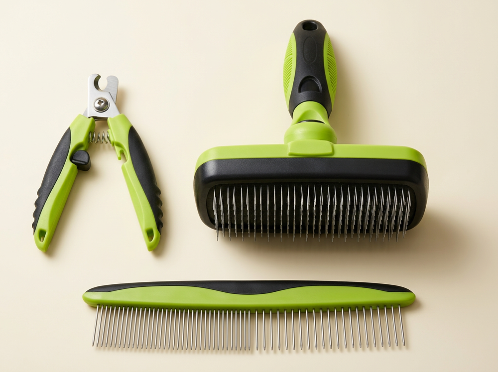  Three-piece lime green and black pet grooming set with wide brush, metal comb and nail clipper