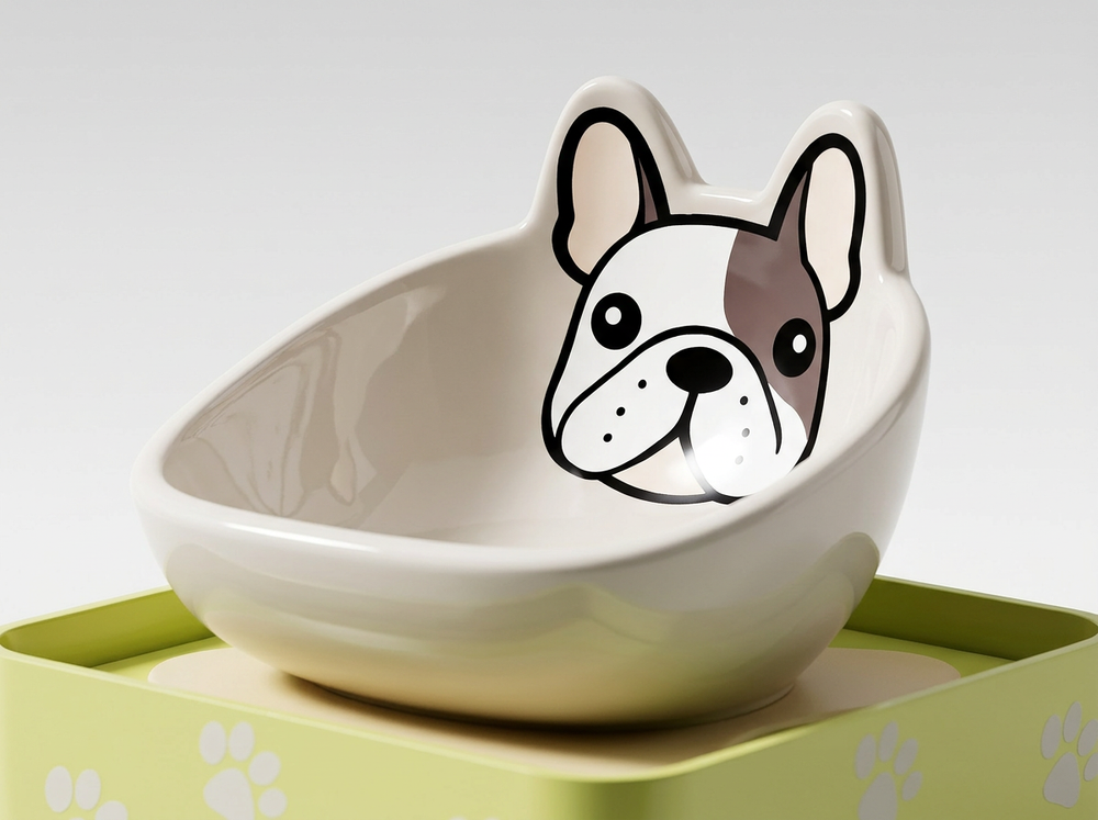 Tilted ceramic bowl on raised pet feeder