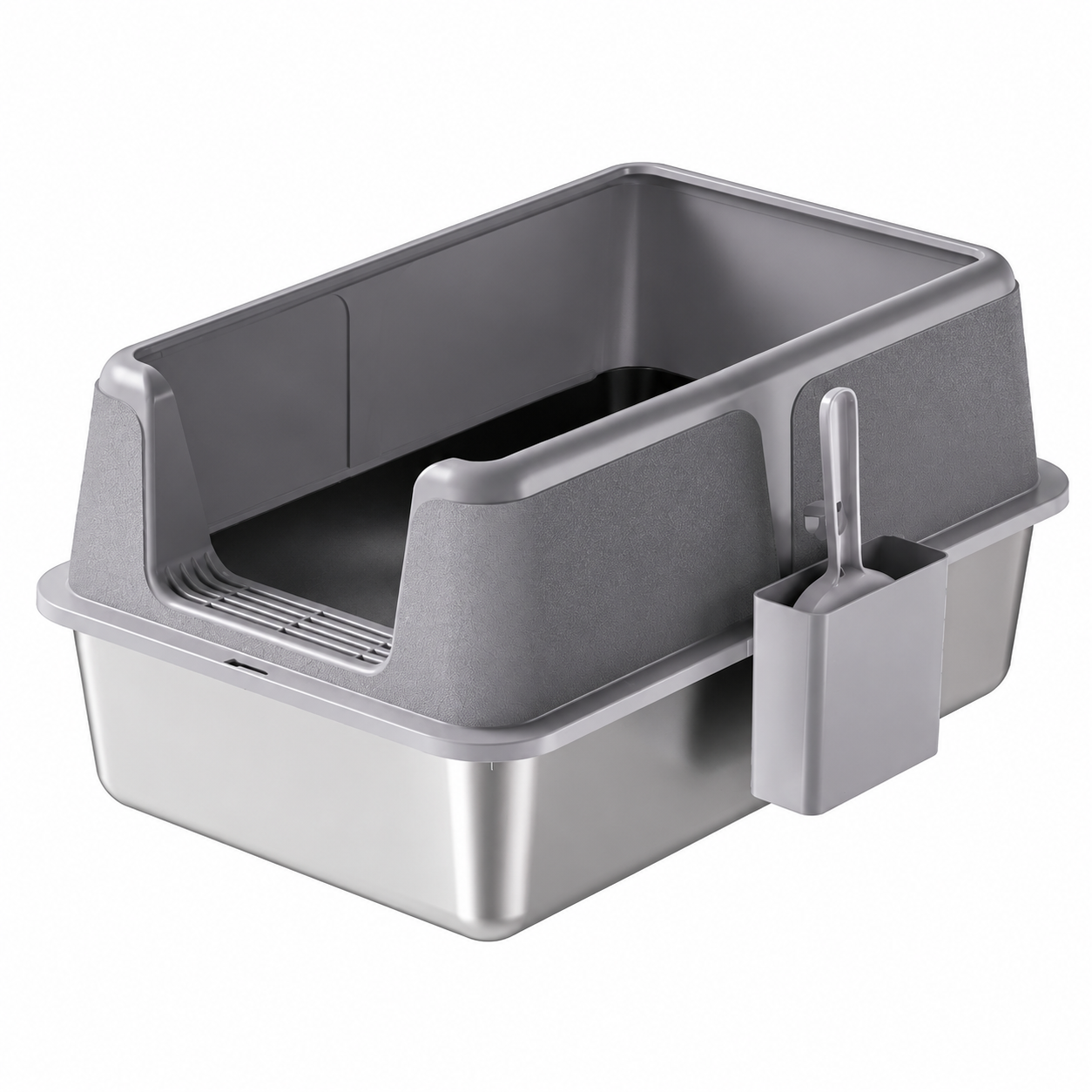 Top entry cat litter box with anti-splash and litter control features