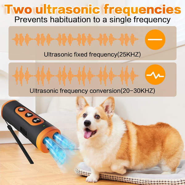 Handheld ultrasonic dog bark control device that does not require a bark collar