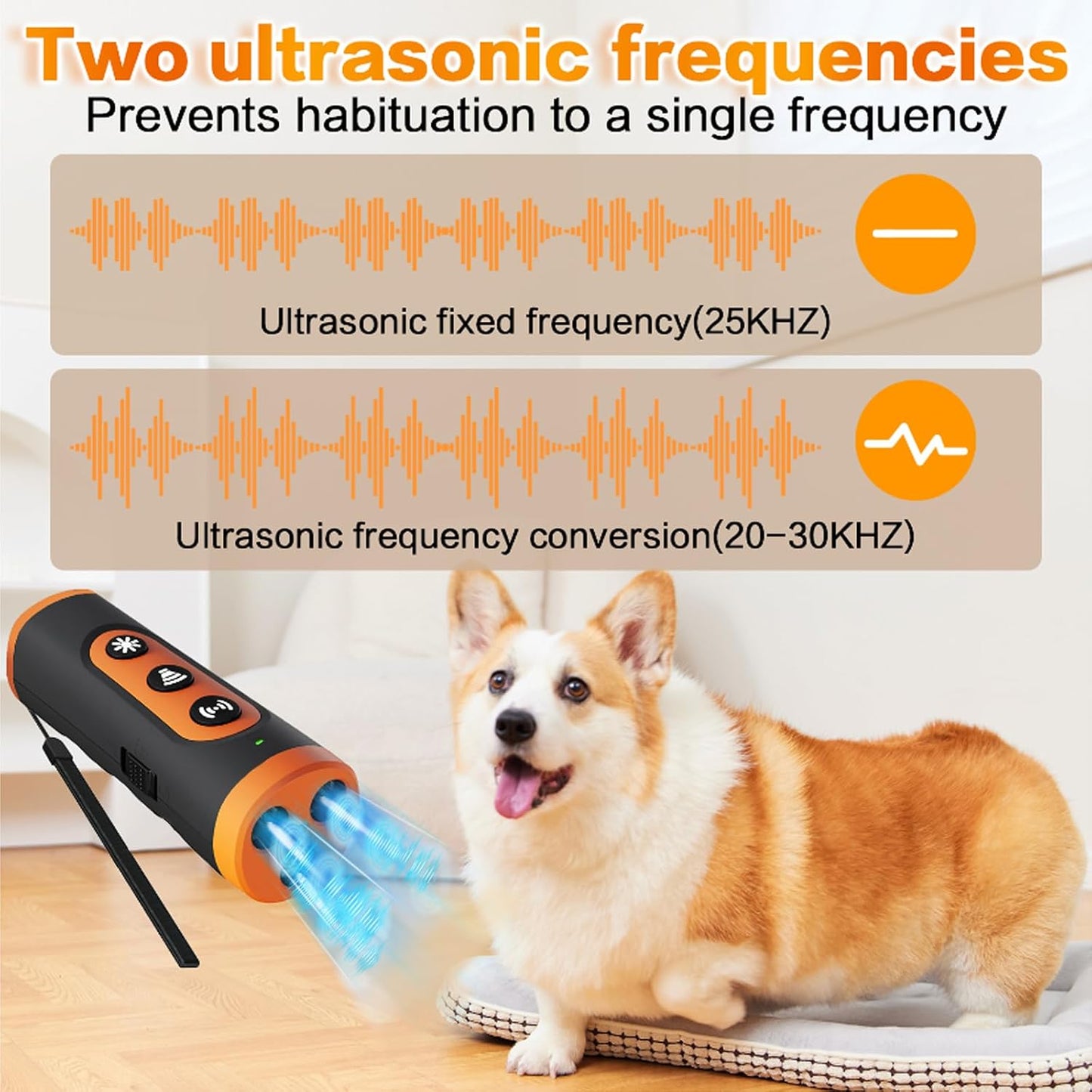 Handheld ultrasonic dog bark control device that does not require a bark collar