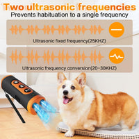 Handheld ultrasonic dog bark control device that does not require a bark collar