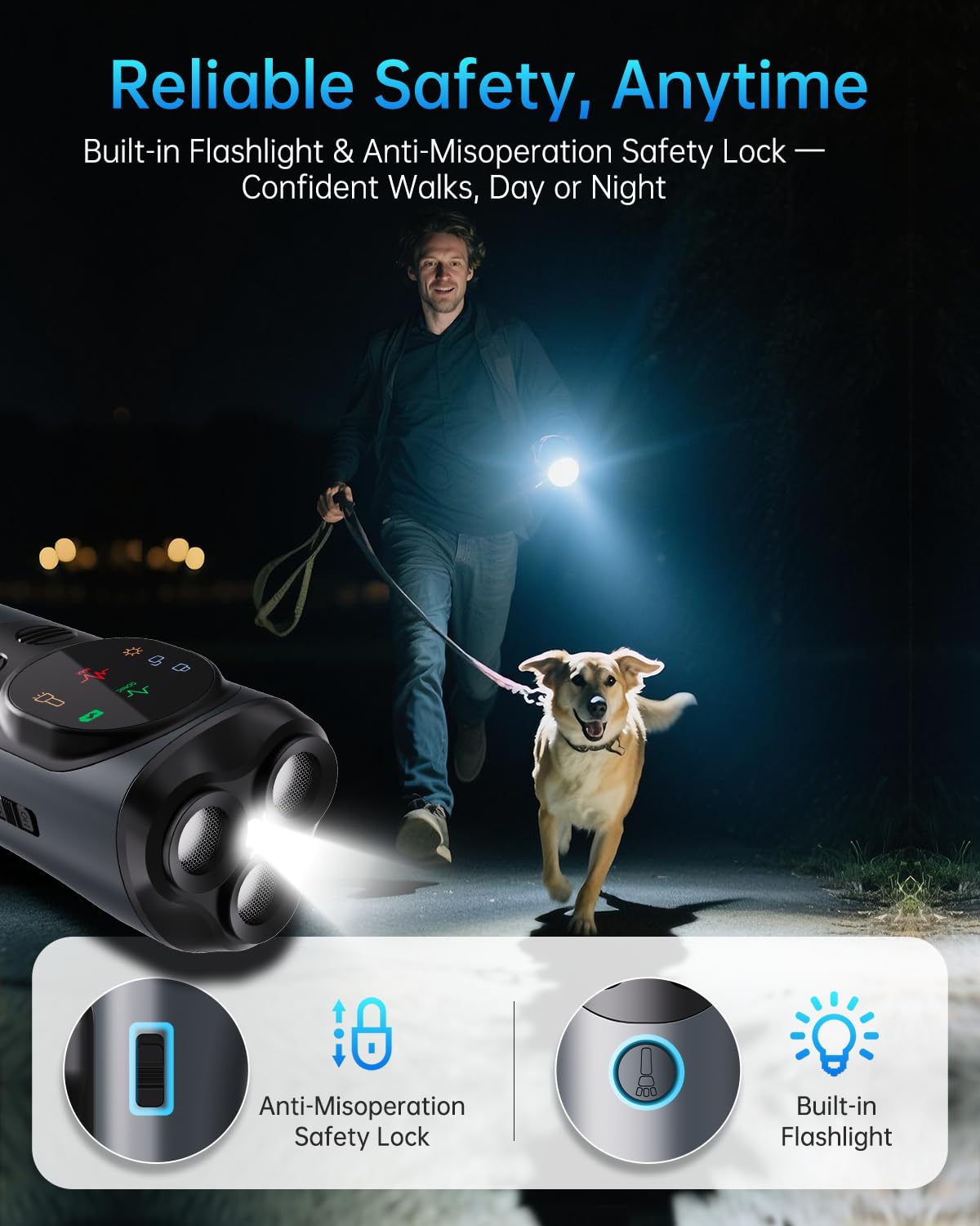 Long-range ultrasonic dog trainer with an advertised operating distance up to 15 metres