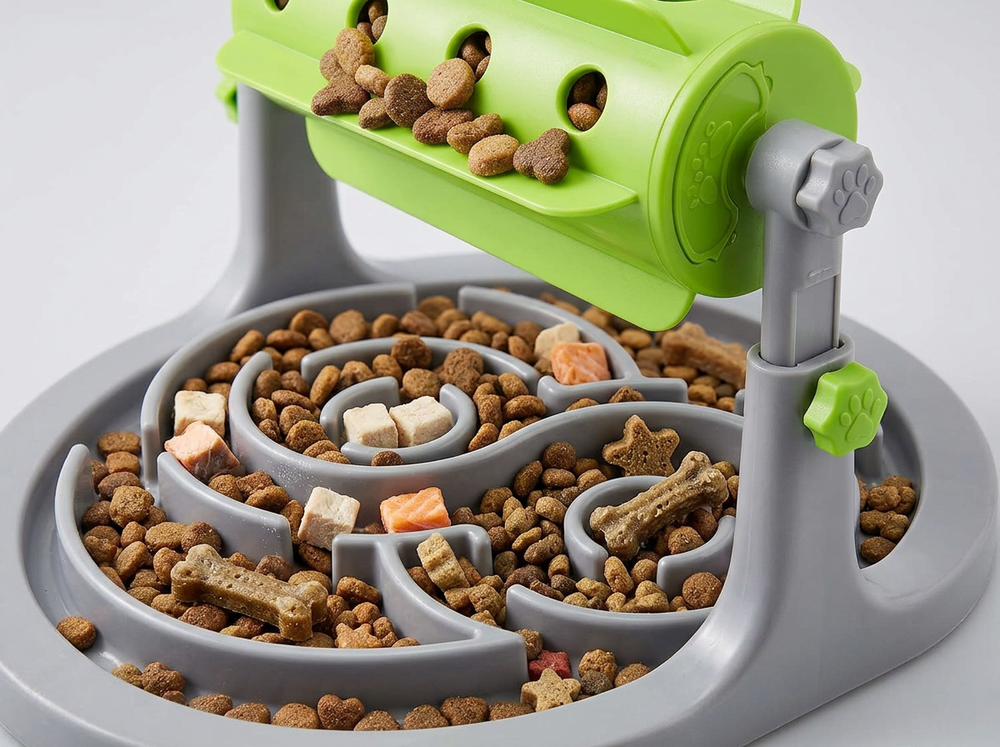 Dog slow feeder bowl with treats and food