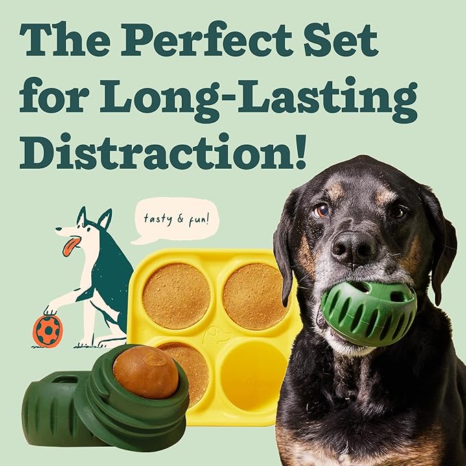 Treat dispensing dog toy with reward tray for medium and large dogs