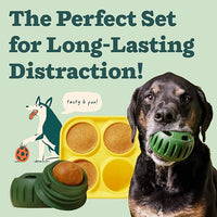 Treat dispensing dog toy with reward tray for medium and large dogs