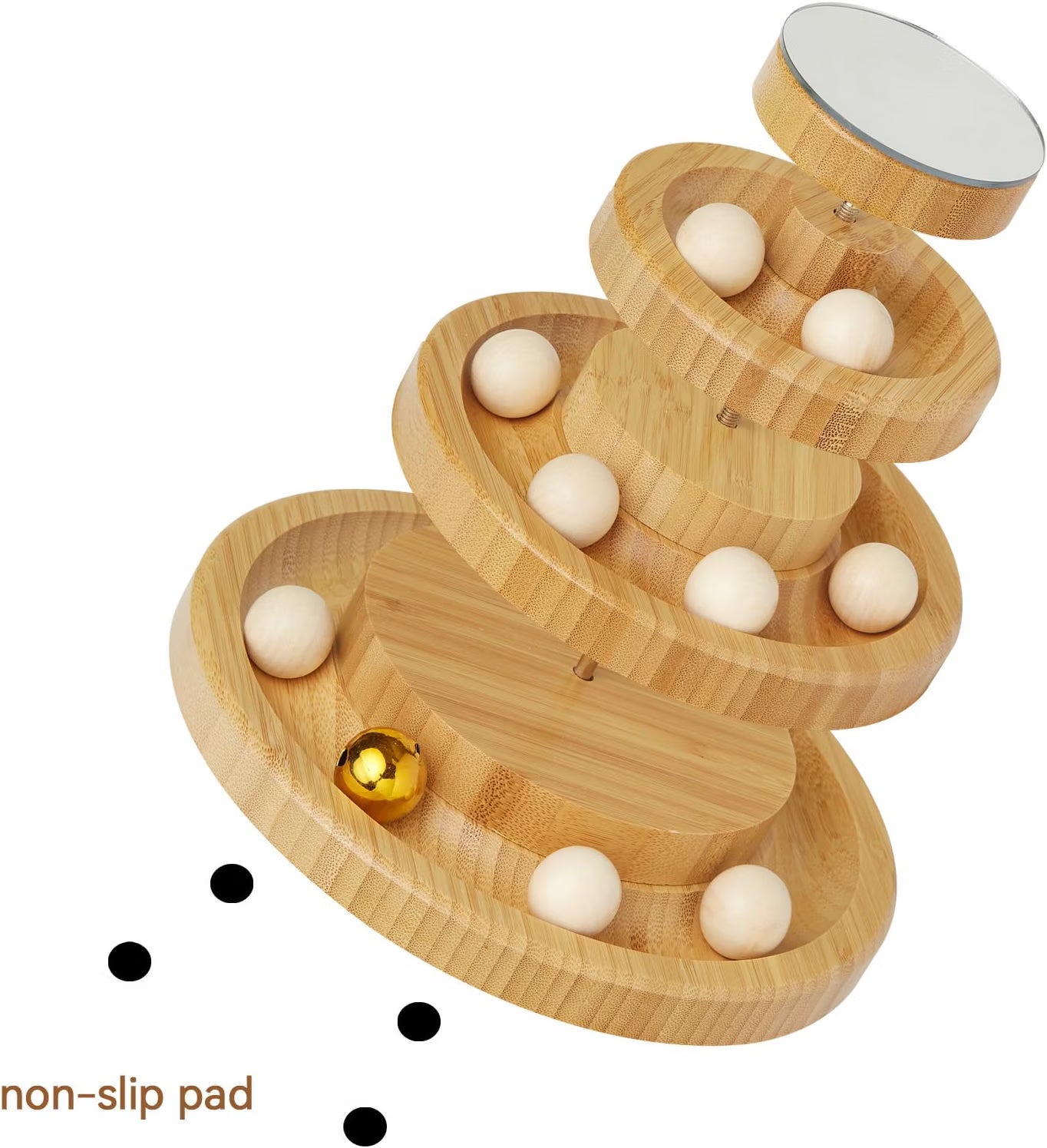 Three-level wooden cat toy with rolling ball tracks