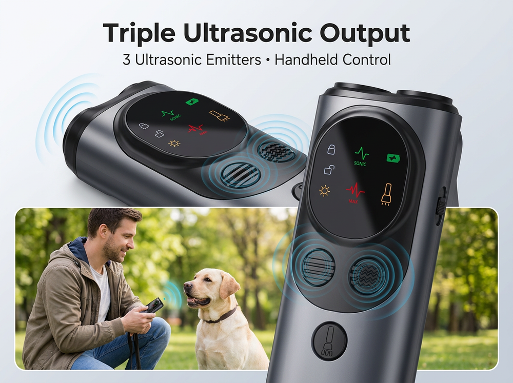 Handheld dog bark deterrent featuring three front ultrasonic emitters for dog training.