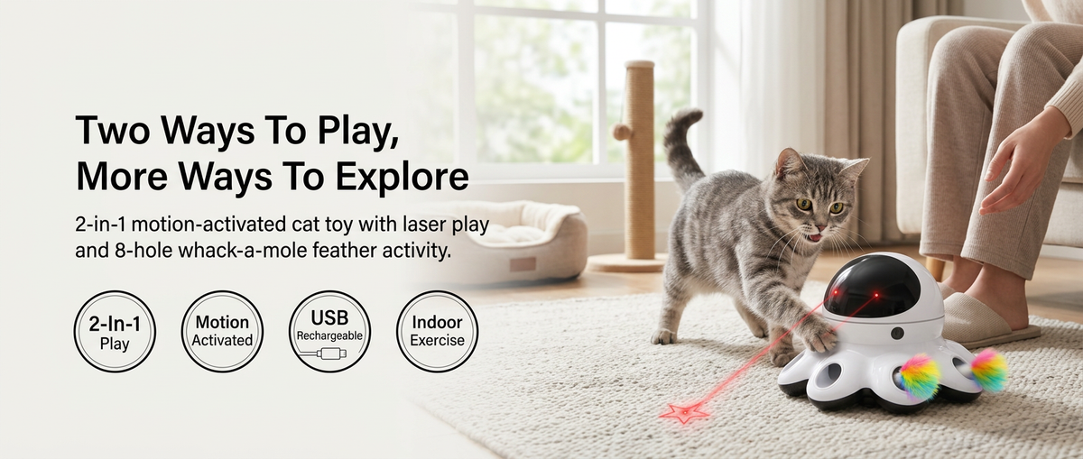 2-in-1 automatic cat laser toy with 8-hole whack-a-mole feather activity.