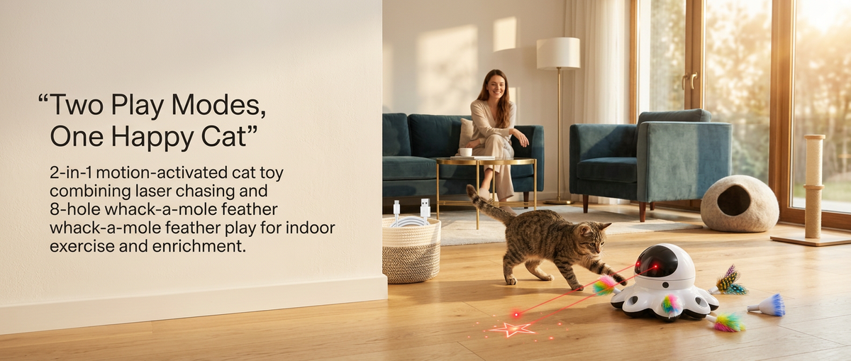 Cat playing with 2-in-1 motion-activated laser and feather toy at home.
