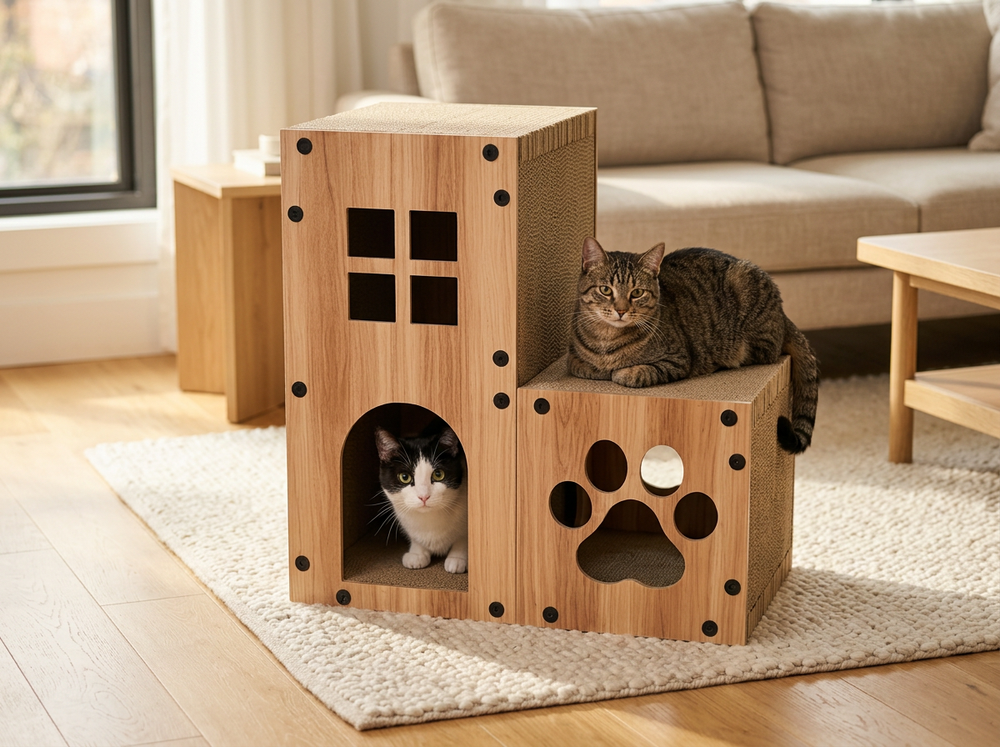  Cats exploring and relaxing on different levels of a two-level cardboard cat house