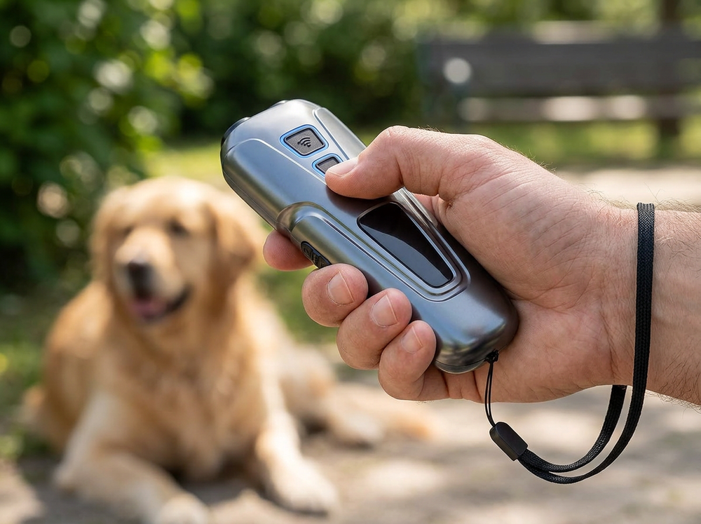 
Rechargeable ultrasonic dog trainer with separate training and deterrent mode buttons and vibration feedback.