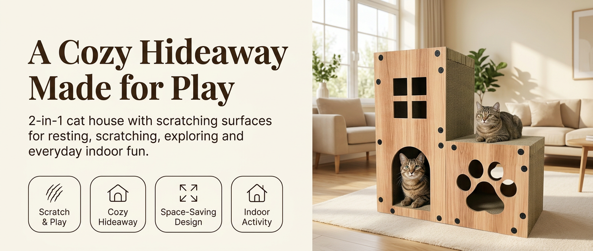 Two-level cardboard cat house with scratching surfaces and cats in a modern living room