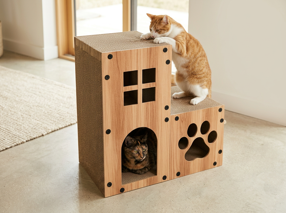 Two-in-one indoor cat house combining a hideaway with textured scratching areas