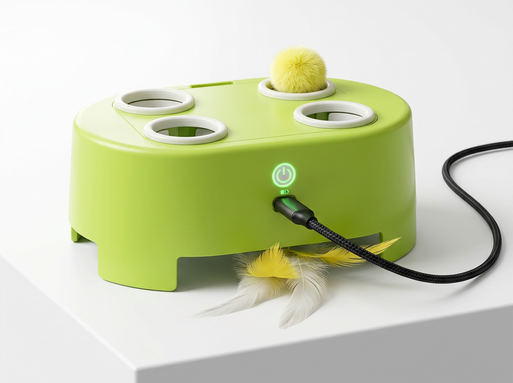 USB rechargeable electric cat toy with charging cable.
