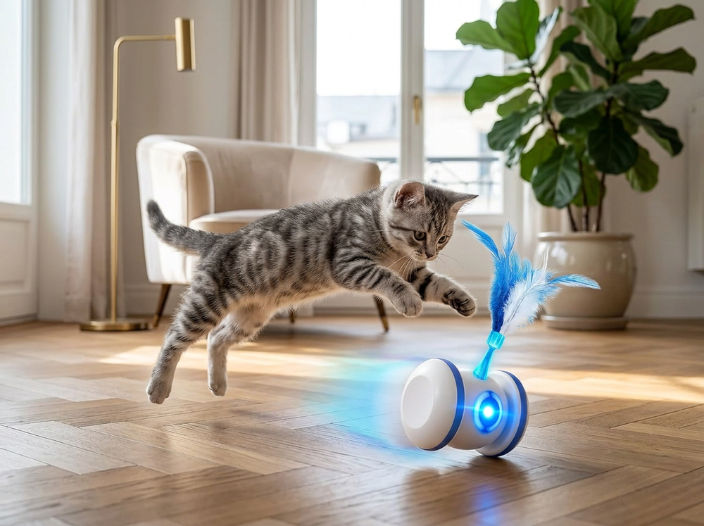 USB rechargeable LED cat ball toy with charging cable.