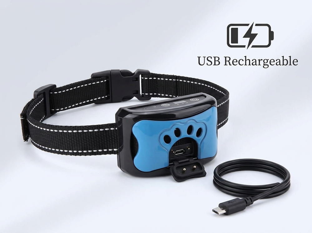 Blue and black rechargeable anti-bark dog collar with USB charging cable.