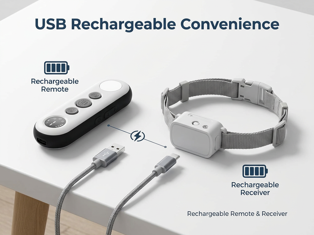 USB rechargeable remote dog training collar with handheld controller and receiver.