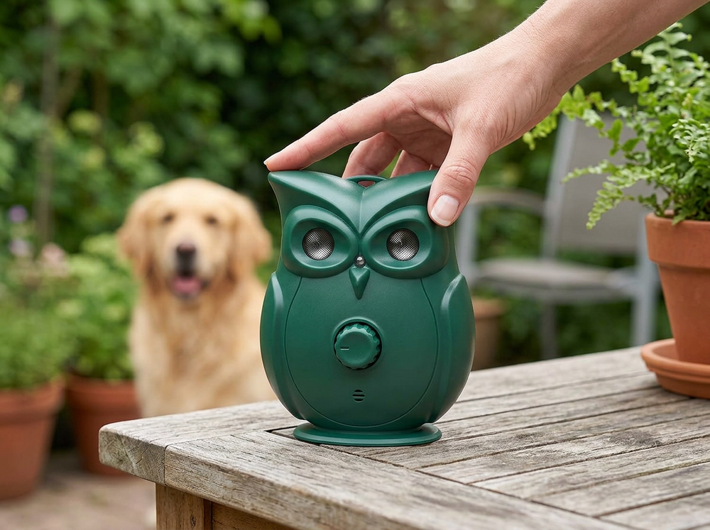Dark green owl-shaped ultrasonic dog bark control device positioned outdoors near a dog area