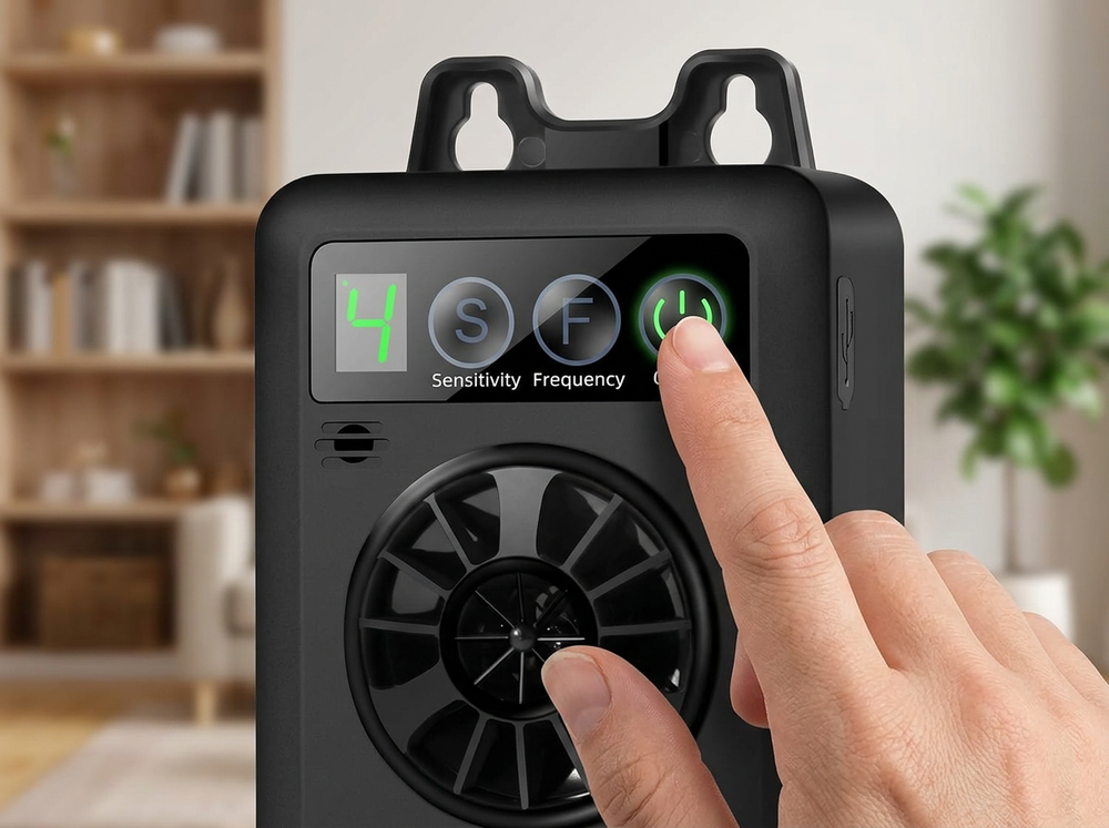 
 Hand pressing the power button on an ultrasonic dog bark-control device with digital display

