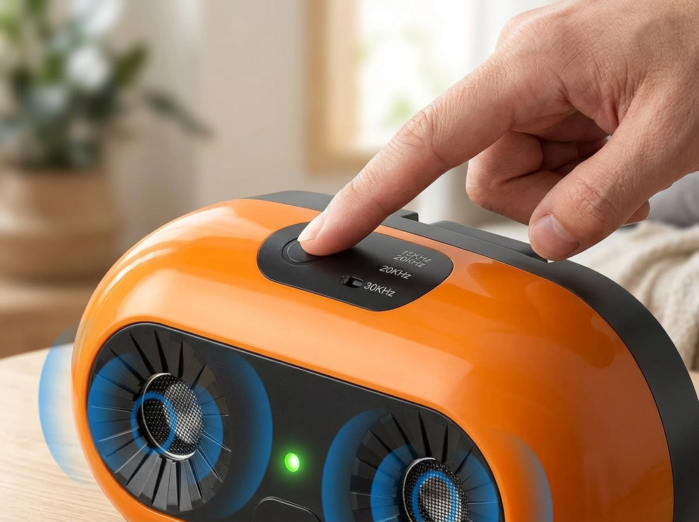  Hand switching on the top control of an orange rechargeable ultrasonic dog bark deterrent device